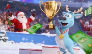 Santa Cheers in Background As Reindeer Wins Gold Trophy