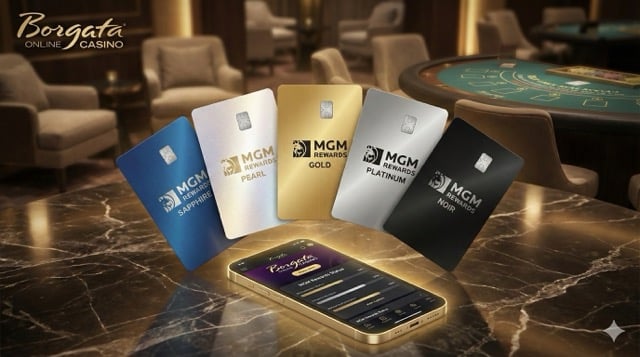 Five distinct VIP tier cards—Sapphire, Pearl, Gold, Platinum, and Noir—arranged in a fan shape to represent the MGM Rewards loyalty program levels.