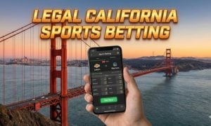 Smartphone showing Lakers vs Warriors betting odds over the Golden Gate Bridge. Text: LEGAL CALIFORNIA SPORTS BETTING.