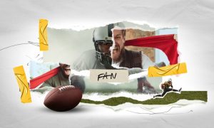 Football Player, Fans Screaming Face and American Football in Scrapbook Style Collage