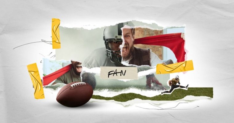 Football Player, Fans Screaming Face and American Football in Scrapbook Style Collage