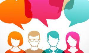 Colorful Cartoon Image of Four People With Dialog Speech Bubbles Above Their Heads