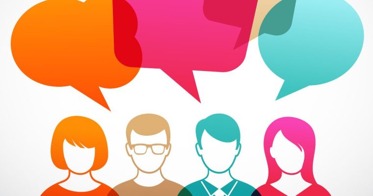 Colorful Cartoon Image of Four People With Dialog Speech Bubbles Above Their Heads