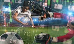 Two Soccer Players On Field Double Exposed with Financial Graph