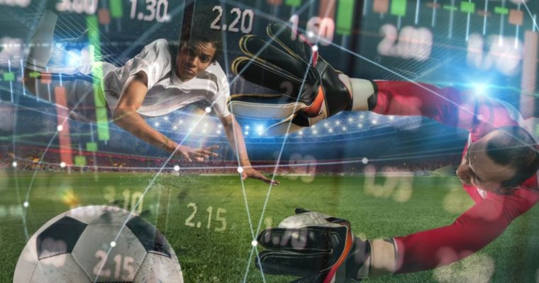 Two Soccer Players On Field Double Exposed with Financial Graph