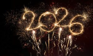 "2026" Spelled Out in Night Sky with Gold Hued Fireworks