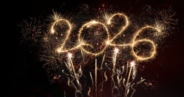 "2026" Spelled Out in Night Sky with Gold Hued Fireworks