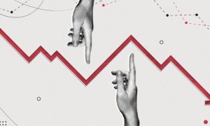 Red Graph Arrown in Downward Trend and Two Hands Pointing to it