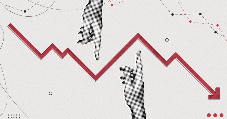 Red Graph Arrown in Downward Trend and Two Hands Pointing to it
