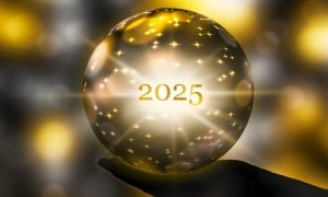 Gold Sparkling Crystal Ball Says "2025" Held In Hand