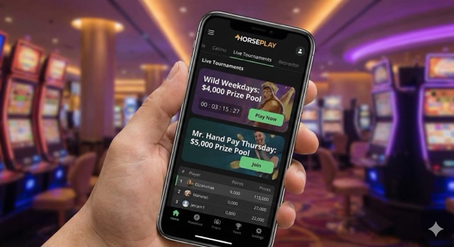 A close-up of a hand holding a smartphone displaying the Horseplay app's "Live Tournaments" page, featuring banners for "Wild Weekdays" and "Mr. Hand Pay" events against a blurred casino background.