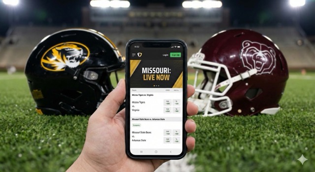 A first-person view of a hand holding a smartphone displaying a Missouri sports betting app with live odds, set against a background of Mizzou and Missouri State football helmets on a stadium field.