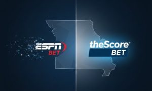 A modern, split-screen graphic showing a transition for a sports betting platform launch in Missouri. The left side, in deep blue, shows the ESPN BET logo dissolving into white particles, symbolizing a fade-out. The right side shows the theScore Bet logo, crisp and vibrant, with a bright white glow, symbolizing its launch. A faint outline of the state of Missouri spans both halves, centered on the transition line.