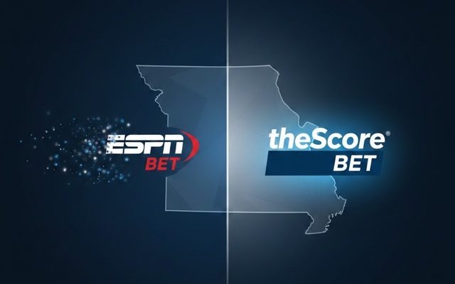 A modern, split-screen graphic showing a transition for a sports betting platform launch in Missouri. The left side, in deep blue, shows the ESPN BET logo dissolving into white particles, symbolizing a fade-out. The right side shows the theScore Bet logo, crisp and vibrant, with a bright white glow, symbolizing its launch. A faint outline of the state of Missouri spans both halves, centered on the transition line.