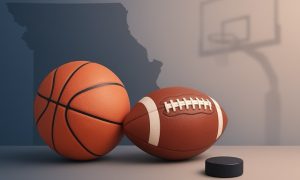 Basketball, football, and hockey puck in foreground with subtle Missouri silhouette and faint hoop in a navy-to-warm gradient.