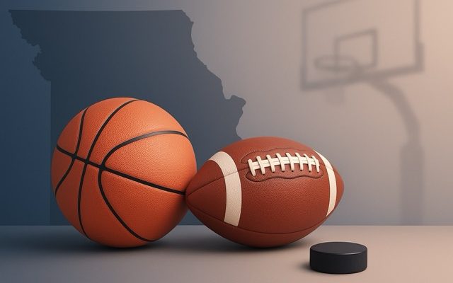 Basketball, football, and hockey puck in foreground with subtle Missouri silhouette and faint hoop in a navy-to-warm gradient.