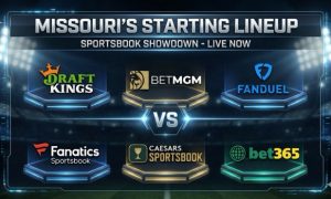 A digital graphic titled "Missouri's Starting Lineup" featuring the logos of six sportsbooks—DraftKings, BetMGM, FanDuel, Fanatics, Caesars, and bet365—displayed on glowing platforms against a stadium background.