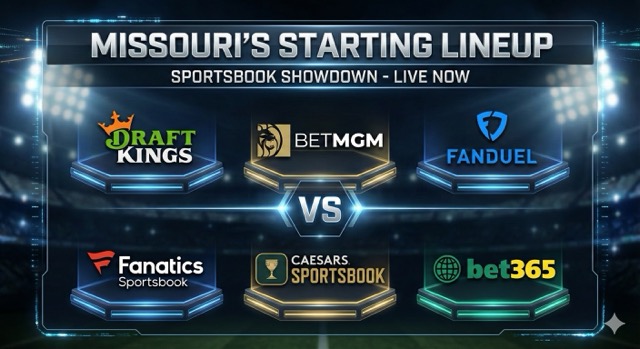 A digital graphic titled "Missouri's Starting Lineup" featuring the logos of six sportsbooks—DraftKings, BetMGM, FanDuel, Fanatics, Caesars, and bet365—displayed on glowing platforms against a stadium background.
