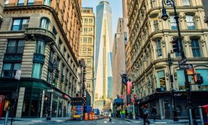 Middle of Street View of the One World Trade Center in Manhattan