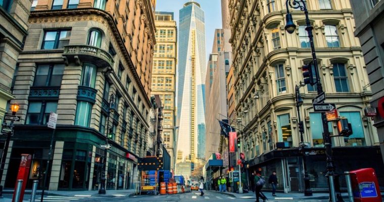 Middle of Street View of the One World Trade Center in Manhattan