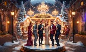 People Dressed In Holiday Clothes Inside a Snow Globe In Front Of Casino