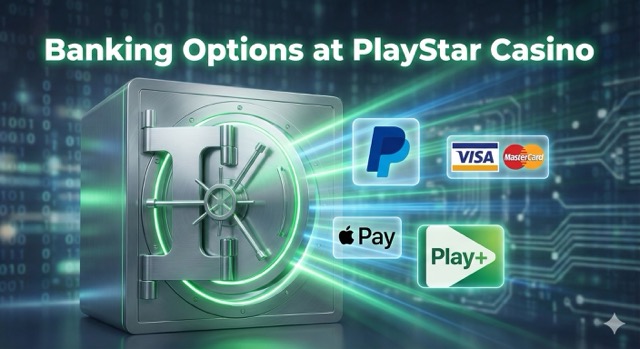 A futuristic digital vault graphic for PlayStar Casino, featuring a glowing metal safe door opening to reveal floating holographic icons for PayPal, Visa, Apple Pay, and Play+, with the text "Banking Options at PlayStar Casino" overlaid at the top.