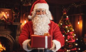 Santa Claus Gives a Red Gift with Christmas Tree & Fireplace Background
