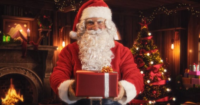 Santa Claus Gives a Red Gift with Christmas Tree & Fireplace Background