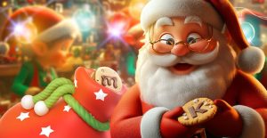 Christmas Elf Packs Gifts in Background While Santa Enjoys Cookie