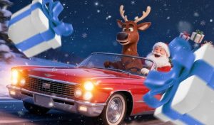 Gifts Fly Around Santa and Reindeer Driving Red Convertable Car