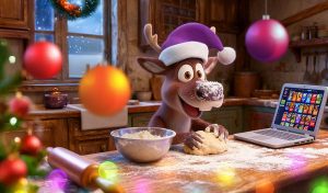 Christmas Reindeer Makes Cookies in Kitchen