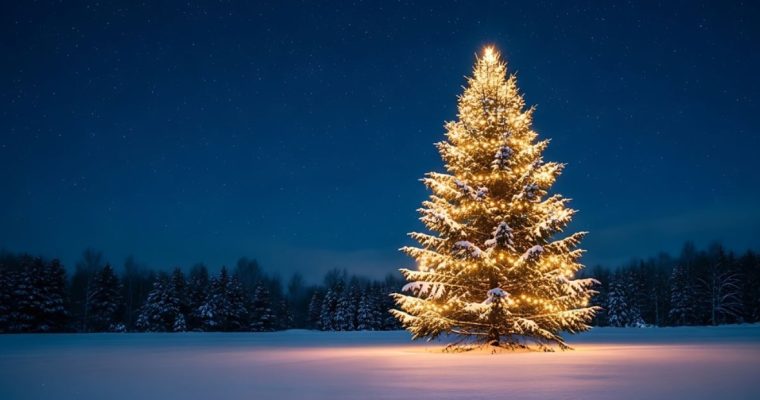 Illuminated Snowy Outdoor Christmas Tree Glows Against Starry Blue Sky
