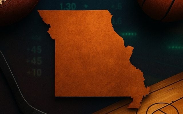 Silhouette of Missouri centered among sports equipment including a football, basketball, hockey stick, hockey puck, and a basketball court background.
