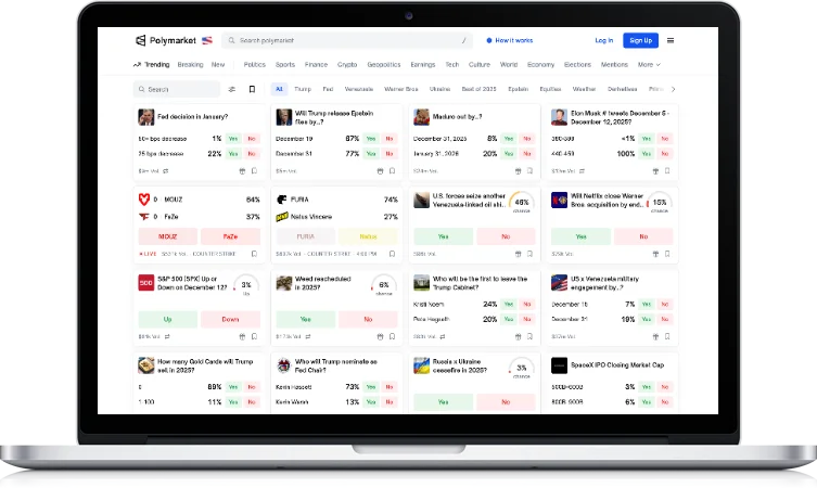 Polymarket home page screenshot showing prediction market categories