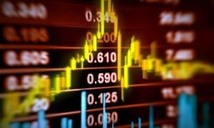 Yellow and Blue Financial Line Moves Up and Down Against Red Stock Prices Chart