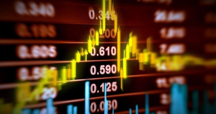 Yellow and Blue Financial Line Moves Up and Down Against Red Stock Prices Chart