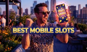 A man in sunglasses celebrates ecstatically on a rooftop at sunset, holding up a smartphone displaying a glowing "BIG WIN" slots graphic with coins. The text "BEST MOBILE SLOTS" is prominently centered in large, gold letters over the scene.