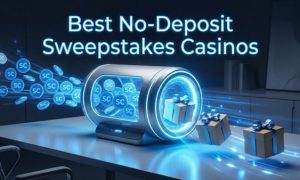 A futuristic portal device on a desk with digital blue SC coins flowing into it and physical wrapped gift boxes emerging on the other side. Text overlay: Best No-Deposit Sweepstakes Casinos.