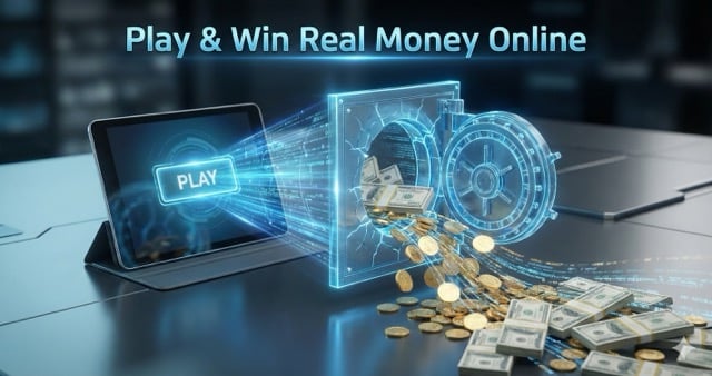 A tablet on a desk projecting a glowing blue holographic vault door opening to release a river of gold coins and cash. Overlay text: Play & Win Real Money Online.