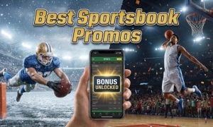 Composite sports image of a football player diving in snow and a basketball player dunking, with a hand holding a smartphone displaying a "BONUS UNLOCKED" sportsbook notification. Text overlay: Best Sportsbook Promos.