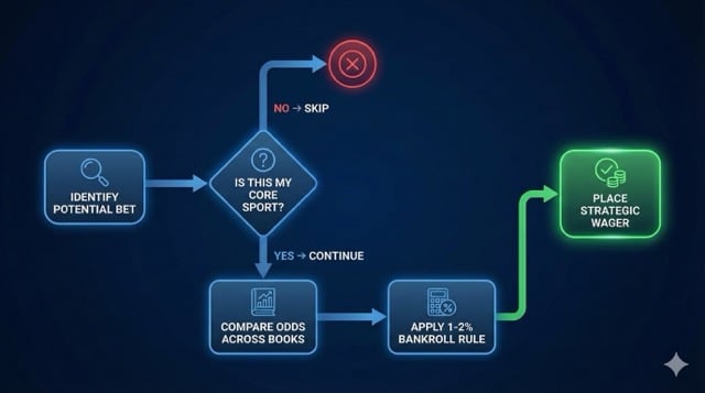 A horizontal flowchart depicting the decision-making process for a strategic sports bet. The process flows from left to right, moving from "Identify Potential Bet" through a decision diamond regarding core sport familiarity, followed by "Compare Odds across Books" and the "1-2% Bankroll Rule" filter, ending at a green node for "Place Strategic Wager.