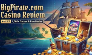 A pirate-themed illustration for BigPirate.com featuring an open treasure chest filled with gold coins, blue diamonds, and rum bottles on a tropical beach, with a smartphone displaying a slot machine game and a pirate ship in the background.