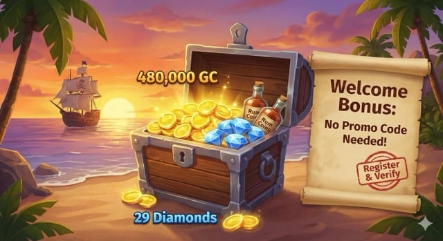 A pirate-themed welcome bonus graphic for BigPirate featuring an open treasure chest on a sunset beach overflowing with gold coins and blue diamonds. A parchment scroll on the right reads "Welcome Bonus: No Promo Code Needed!" and text overlays highlight the 480,000 GC and 29 Diamonds offer.