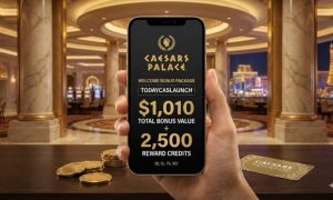 hand holding a mobile smartphone displaying the Caesars Palace Online Casino app with a welcome bonus offer of $1,010 and 2,500 Reward Credits, set against a blurred luxury casino background with gold pillars and a Caesars Rewards card.