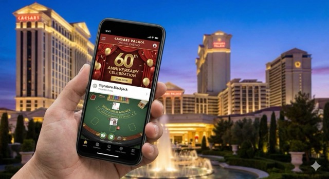 A hand holding a smartphone displaying the Caesars Palace Online Casino 60th Anniversary banner and a "Signature Blackjack" table in front of the illuminated Caesars Palace Las Vegas resort at twilight.