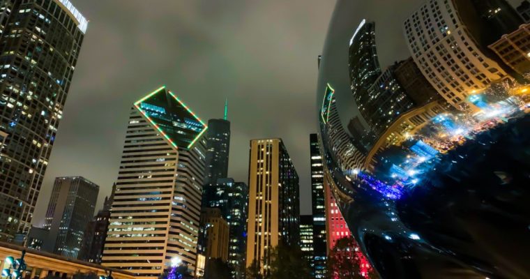 Gray Skies and Chicago Skyline Reflected in Iconic Bean