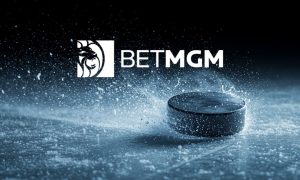 Ice Flakes Fly Around Black Hockey Puck Gliding Across Rink