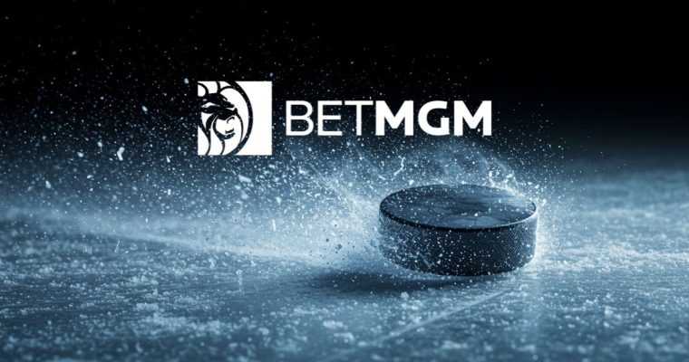 Ice Flakes Fly Around Black Hockey Puck Gliding Across Rink