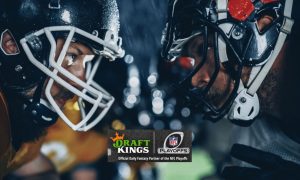 DraftKings DFS & NFL Logos with Two American Football Players Face-to-Face on Rainy Field