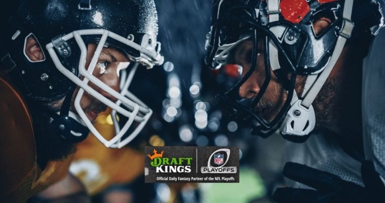 DraftKings DFS & NFL Logos with Two American Football Players Face-to-Face on Rainy Field